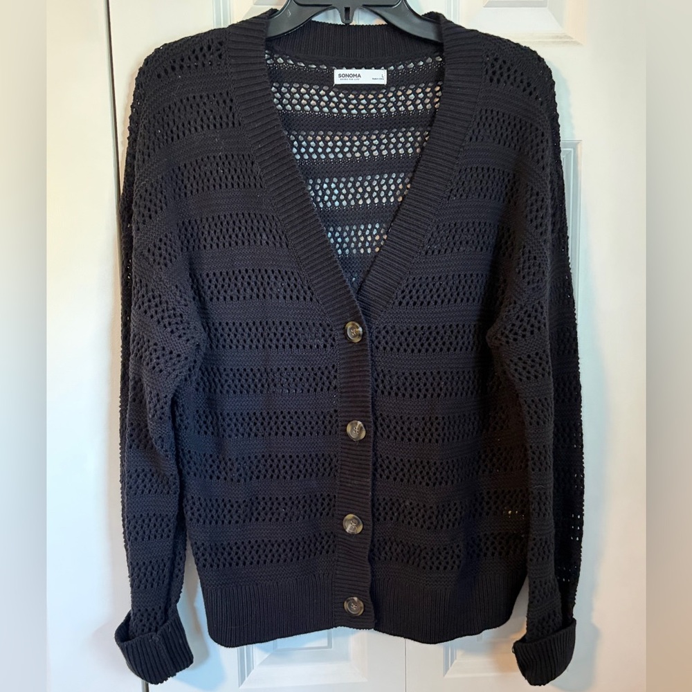 Sonoma Black Open-Knit Crochet Style Cardigan. L NWOT